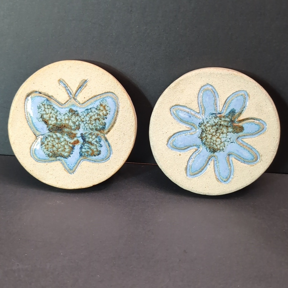 Lot of 2 Ceramic Pottery Decorative Coasters with Blue Glazed Butterfly/Flower.